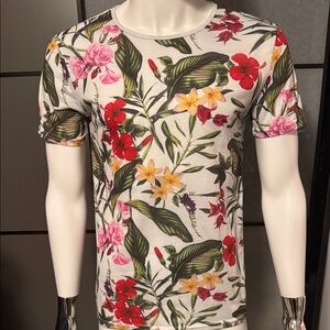 Men's Floral Crew Neck T-Shirt - White with Multicolor Floral Print